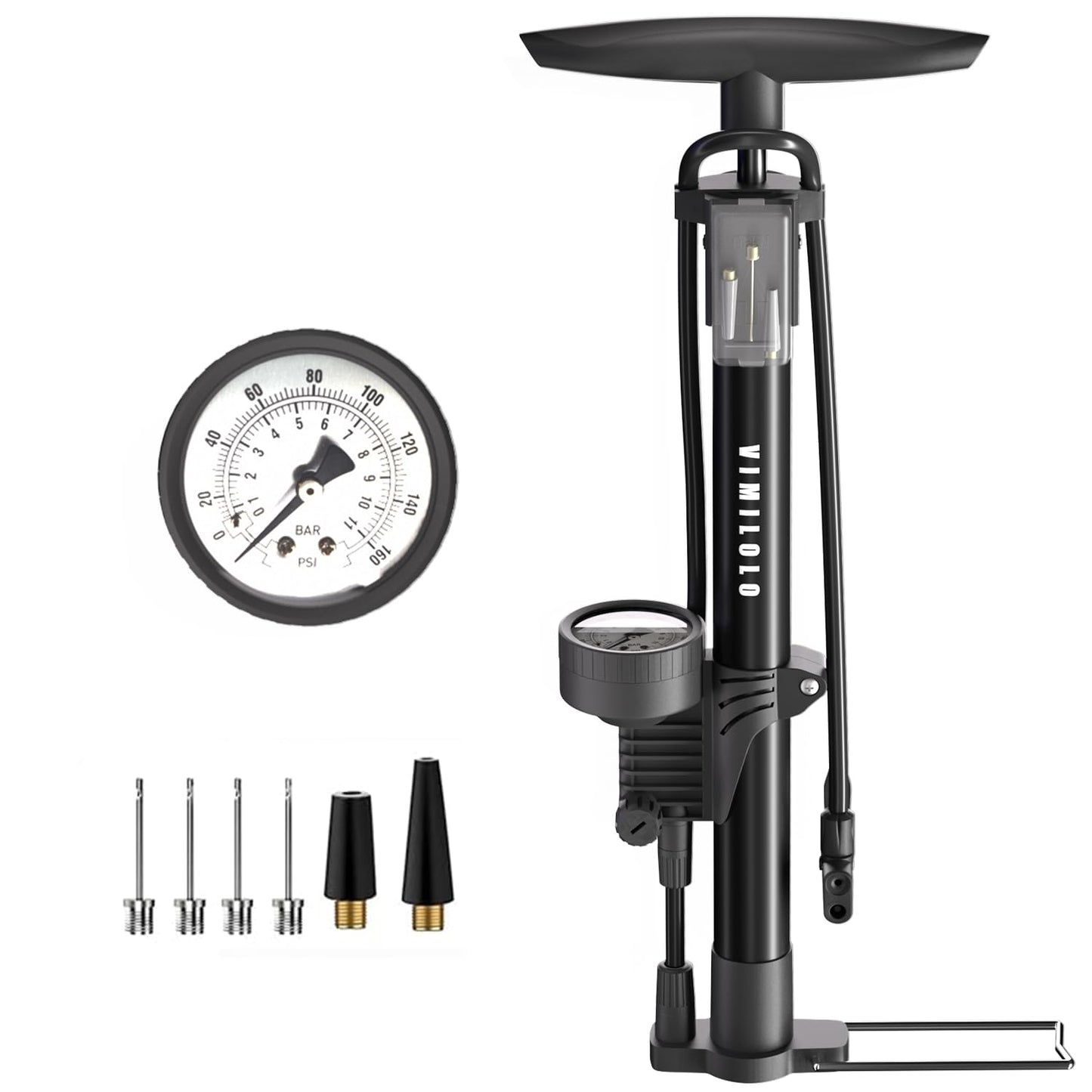 VIMILOLO Bike Pump, Air Bicycle Pump Inflator for Presta and Schrader Valve Tire Ball Bike Portable Pumps 160PSI & 11BAR