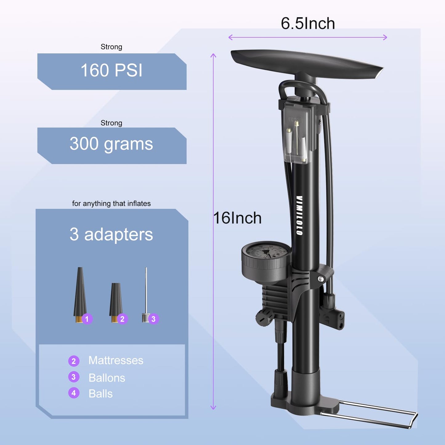 VIMILOLO Bike Pump, Air Bicycle Pump Inflator for Presta and Schrader Valve Tire Ball Bike Portable Pumps 160PSI & 11BAR