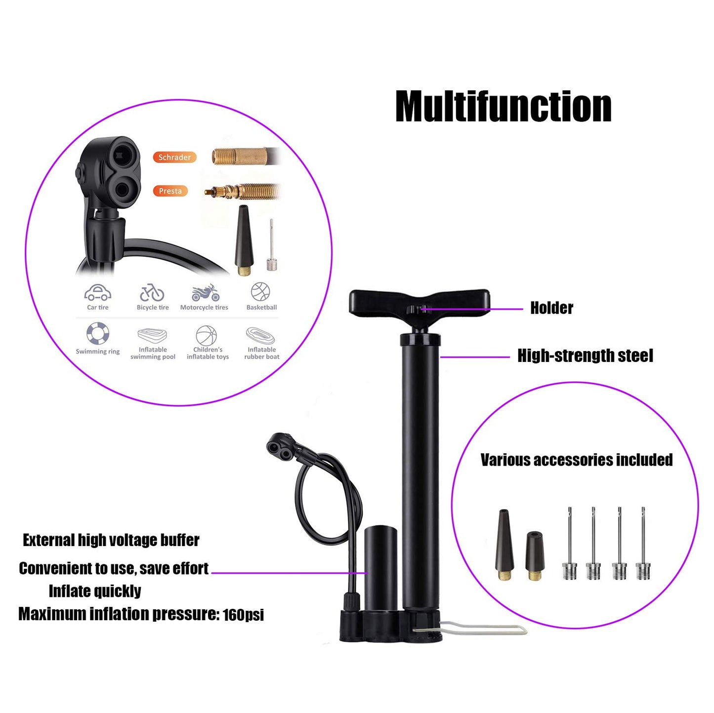 VIMILOLO Bike Pump, Air Bicycle Pump Inflator for Presta and Schrader Valve Tire Ball Bike Portable Pumps 160PSI & 11BAR