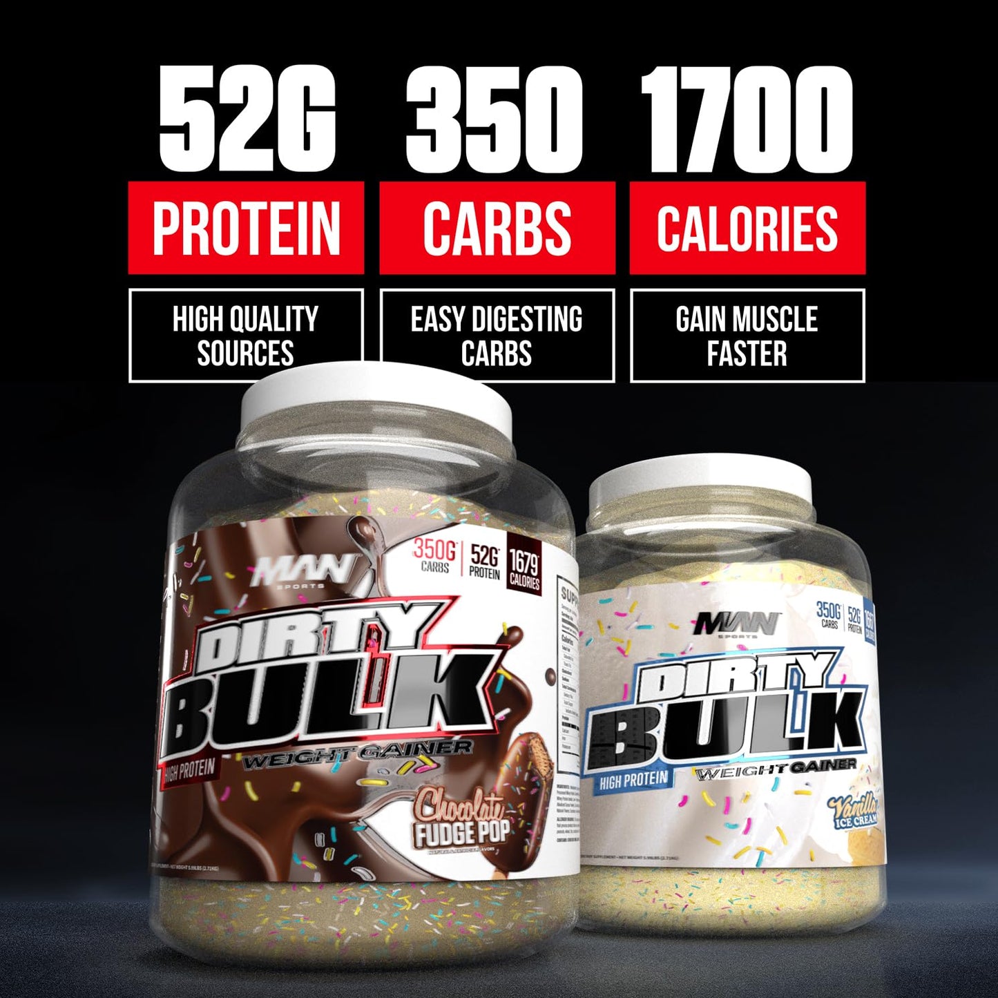 MAN Sports - Dirty Bulk: Chocolate Fudge Pop High Protein Weight Gainer Powder with 52g of Protein