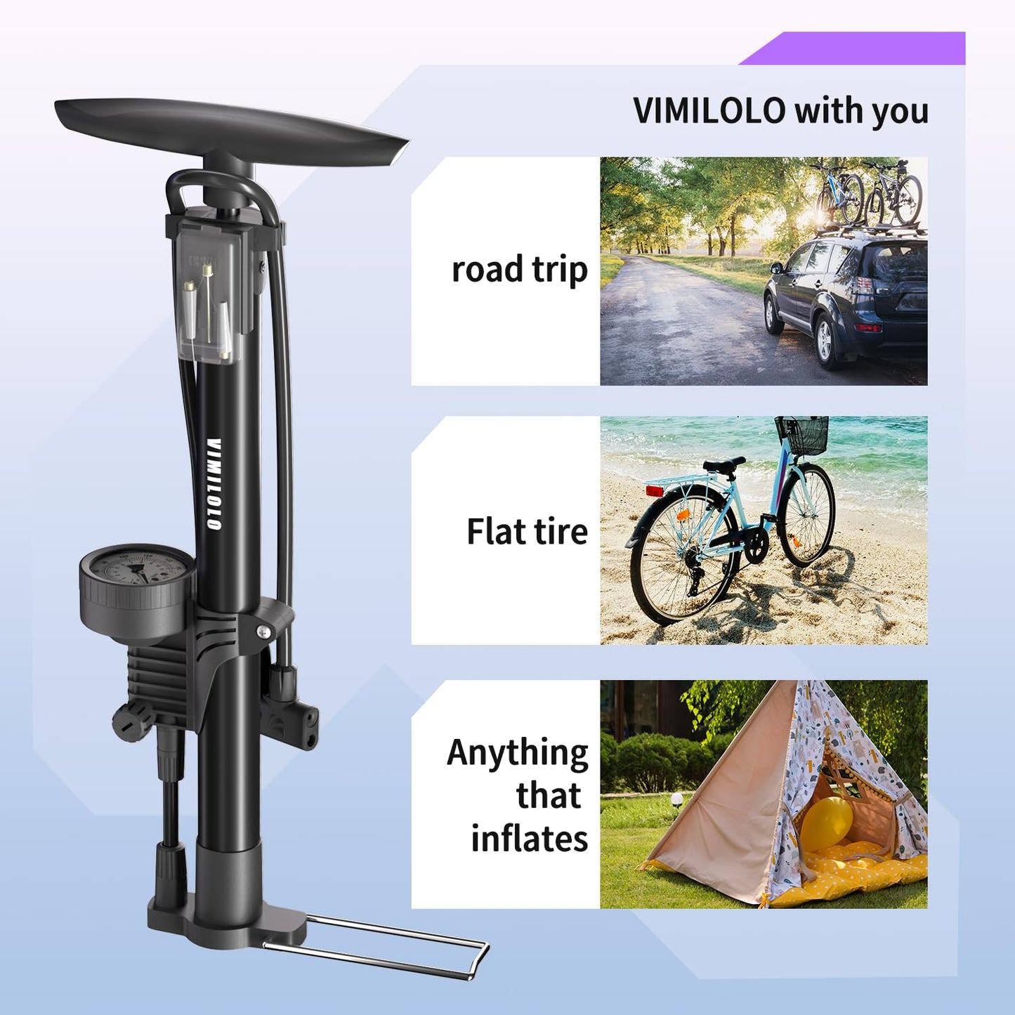 VIMILOLO Bike Pump, Air Bicycle Pump Inflator for Presta and Schrader Valve Tire Ball Bike Portable Pumps 160PSI & 11BAR