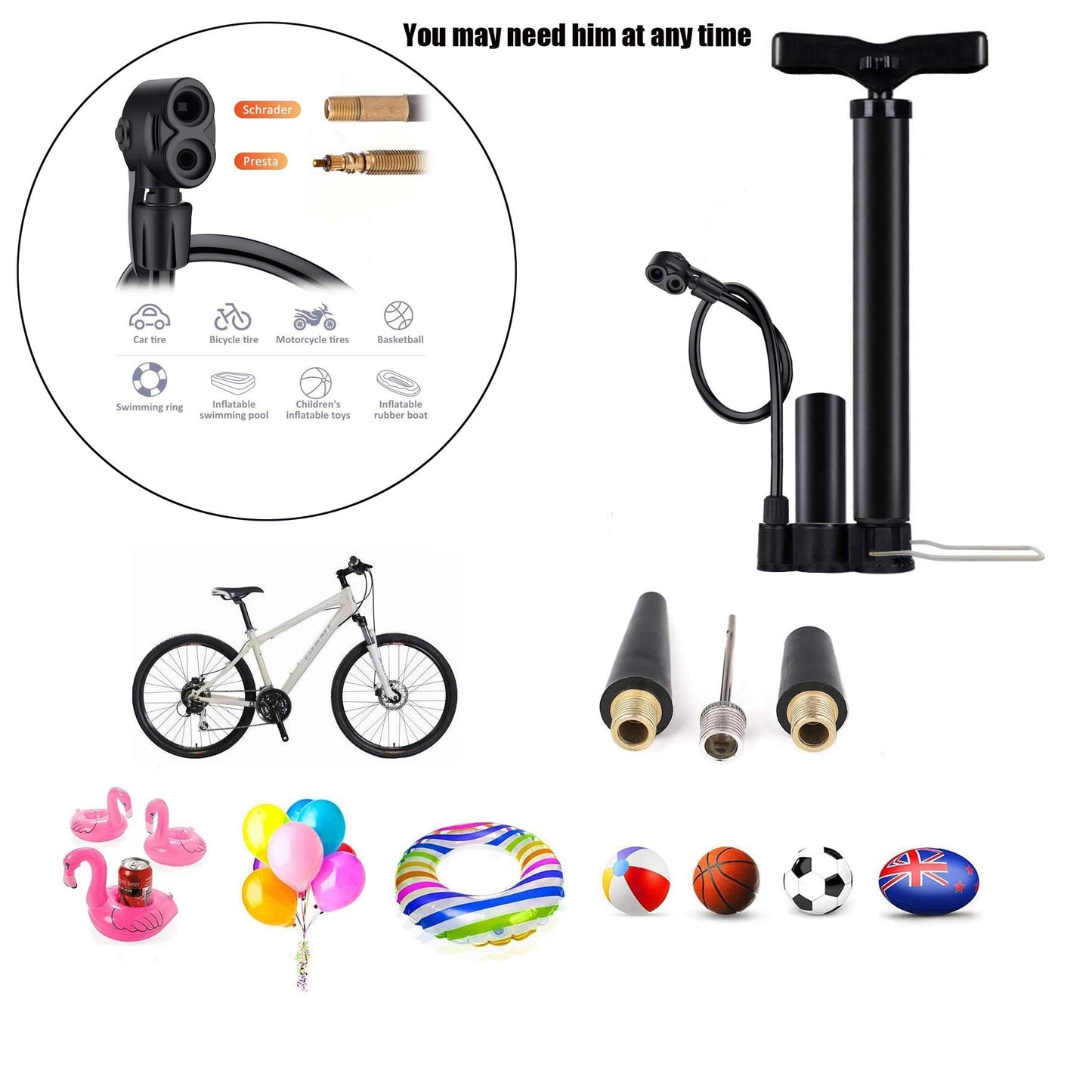 VIMILOLO Bike Pump, Air Bicycle Pump Inflator for Presta and Schrader Valve Tire Ball Bike Portable Pumps 160PSI & 11BAR