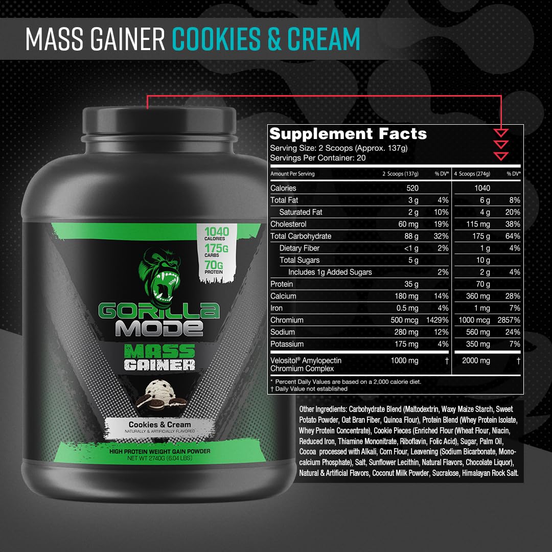 Gorilla Mind Mass Gainer (Cookies & Cream) – 70g Protein | 1040 Calories | 175g Carbs | High Protein Weight Gain Powder