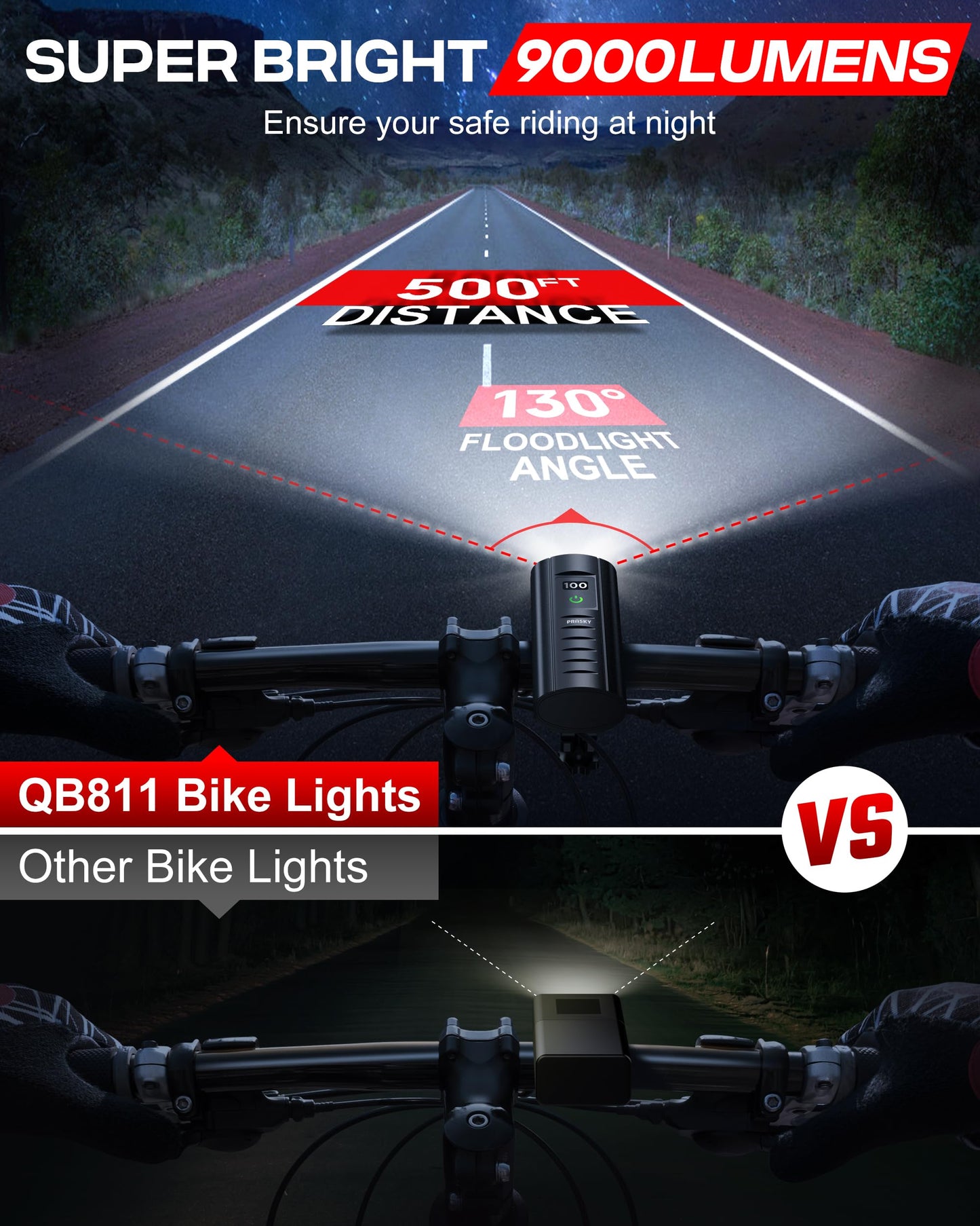 9000 Lumens Bike Light Set, Prasky Rechargeable Bicycle Lights Front and Rear, Super Bright LED Bike Headlight, IP65 Waterproof Multiple Modes Road Mountain Bike Lights for Night Riding